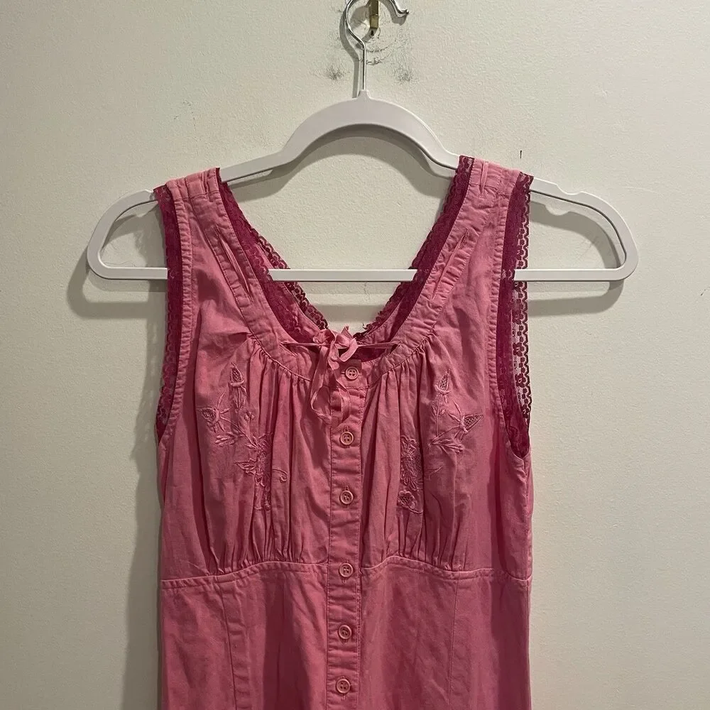 Vtg Pink Coquette Pink Lace Cotton Dress Lingerie Small Button Sweetheart Tiered - Picture 5 of 14